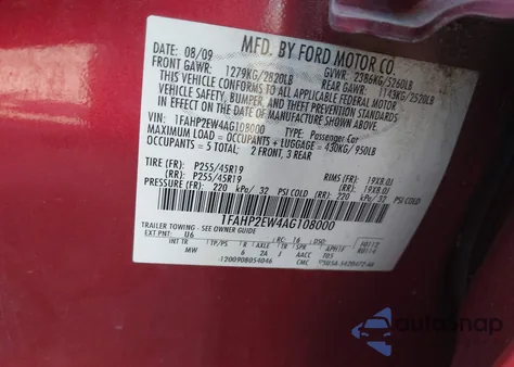 2010 Ford Taurus Sel from USA, damaged, VIN 1FAHP2EW4AG108000